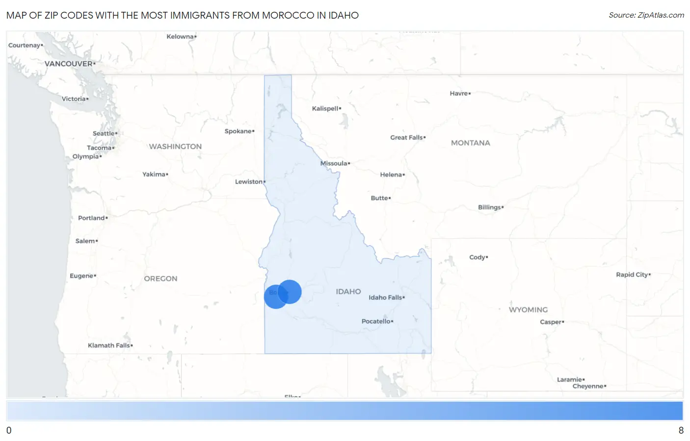 Zip Codes with the Most Immigrants from Morocco in Idaho Map