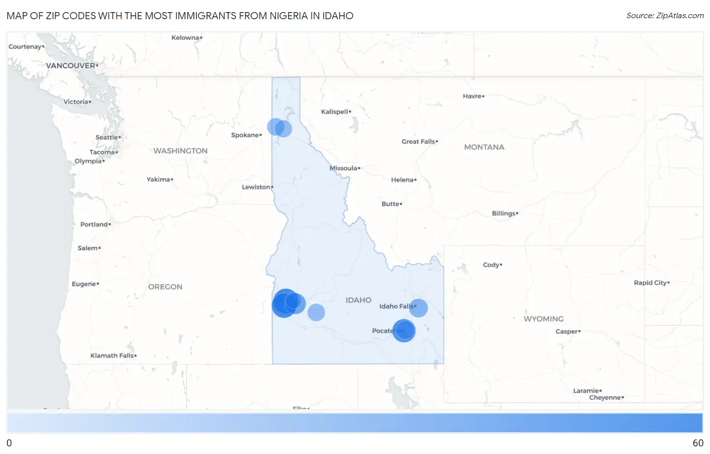 Zip Codes with the Most Immigrants from Nigeria in Idaho Map