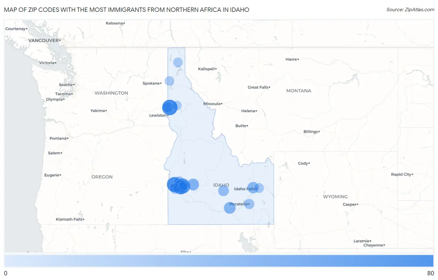 Zip Codes with the Most Immigrants from Northern Africa in Idaho Map