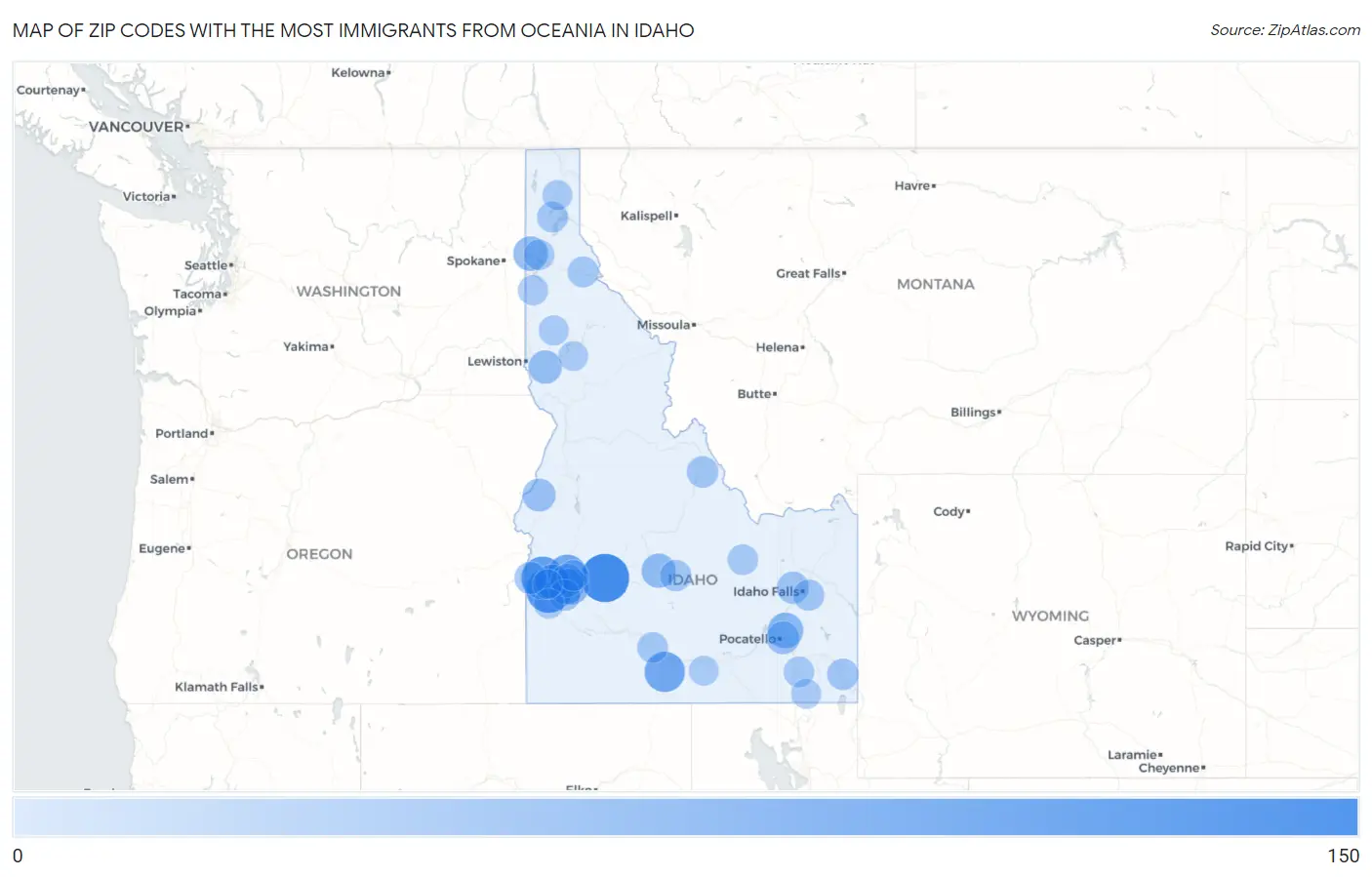 Zip Codes with the Most Immigrants from Oceania in Idaho Map