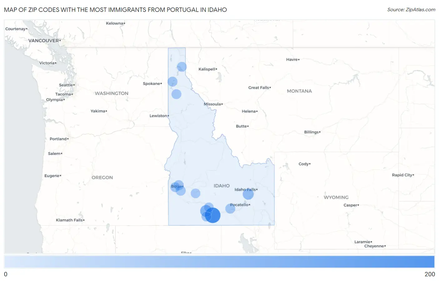 Zip Codes with the Most Immigrants from Portugal in Idaho Map
