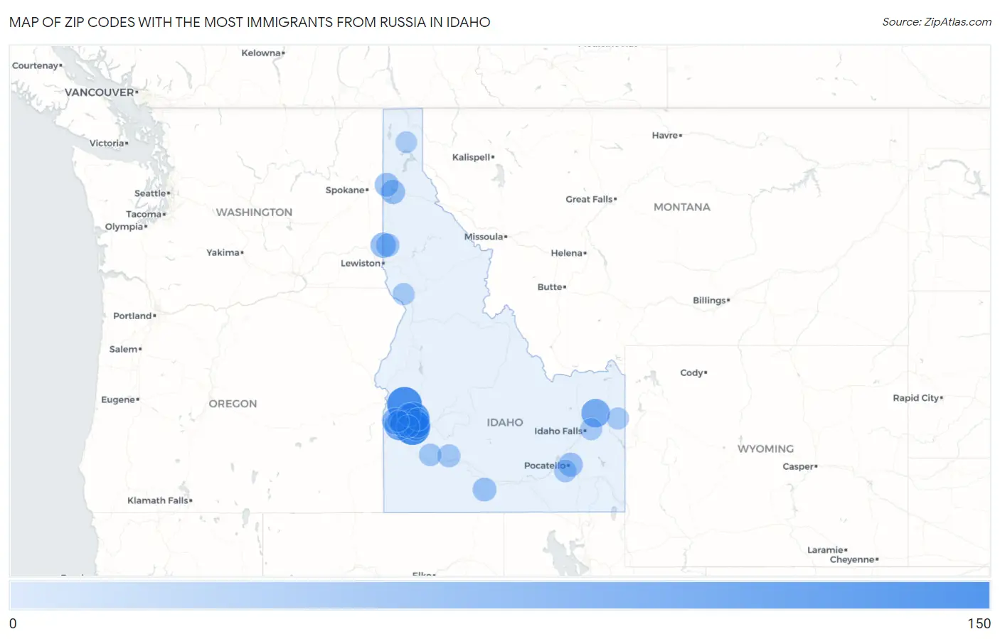 Zip Codes with the Most Immigrants from Russia in Idaho Map