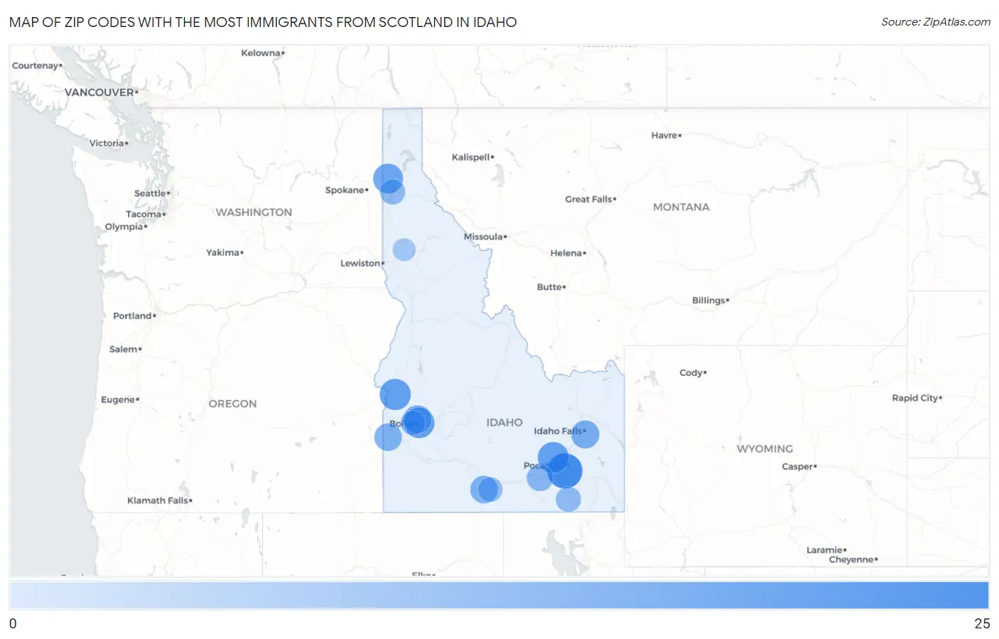 Zip Codes with the Most Immigrants from Scotland in Idaho Map