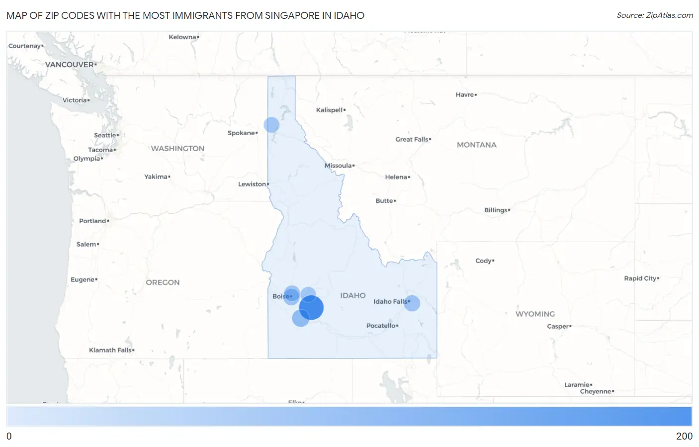 Zip Codes with the Most Immigrants from Singapore in Idaho Map