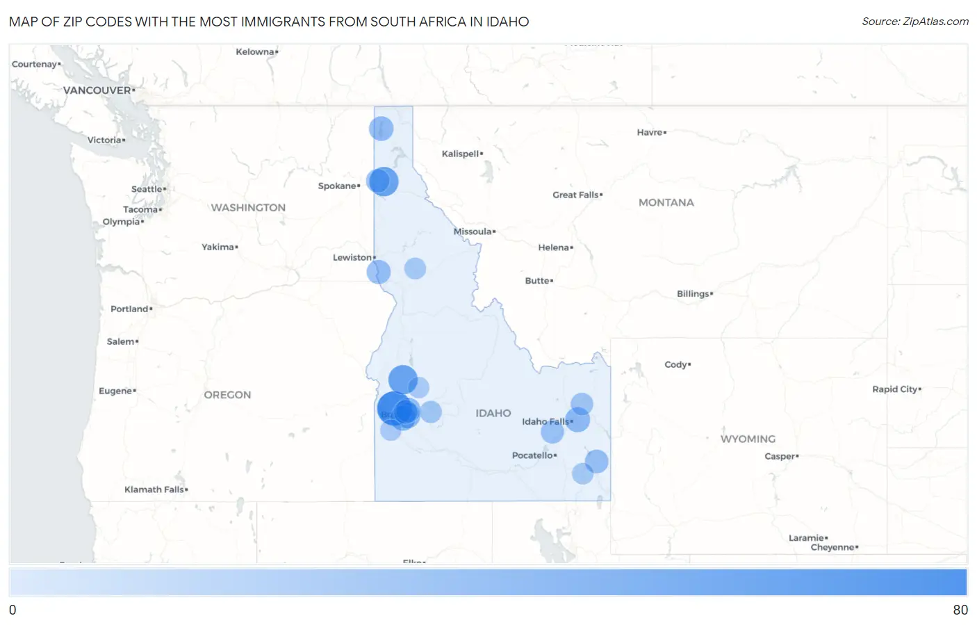Zip Codes with the Most Immigrants from South Africa in Idaho Map
