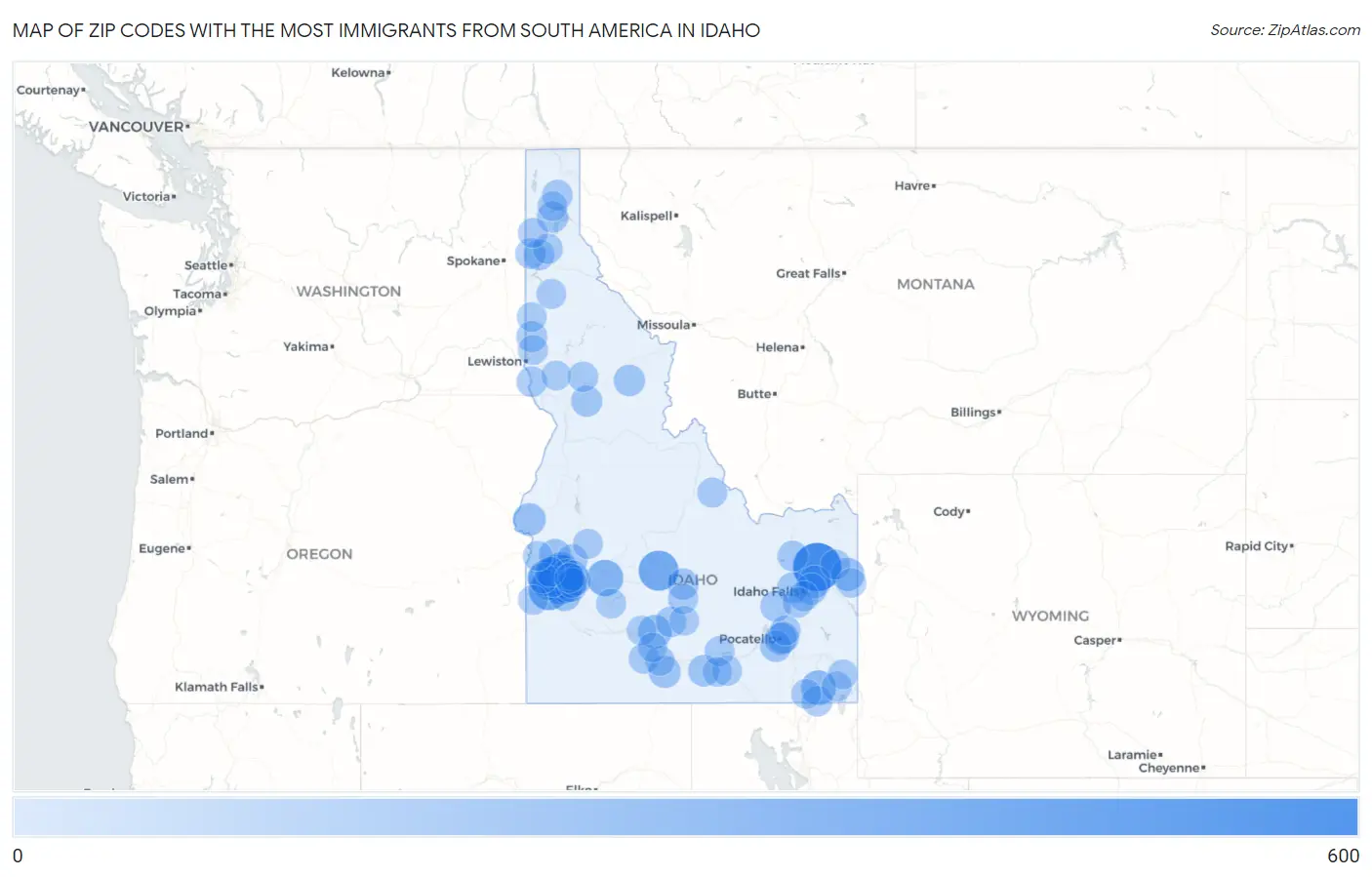 Zip Codes with the Most Immigrants from South America in Idaho Map