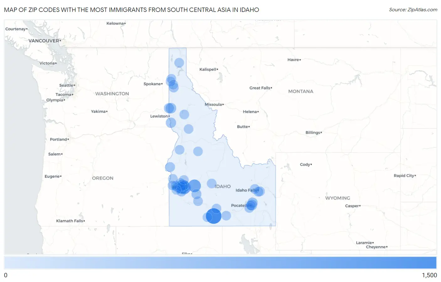 Zip Codes with the Most Immigrants from South Central Asia in Idaho Map