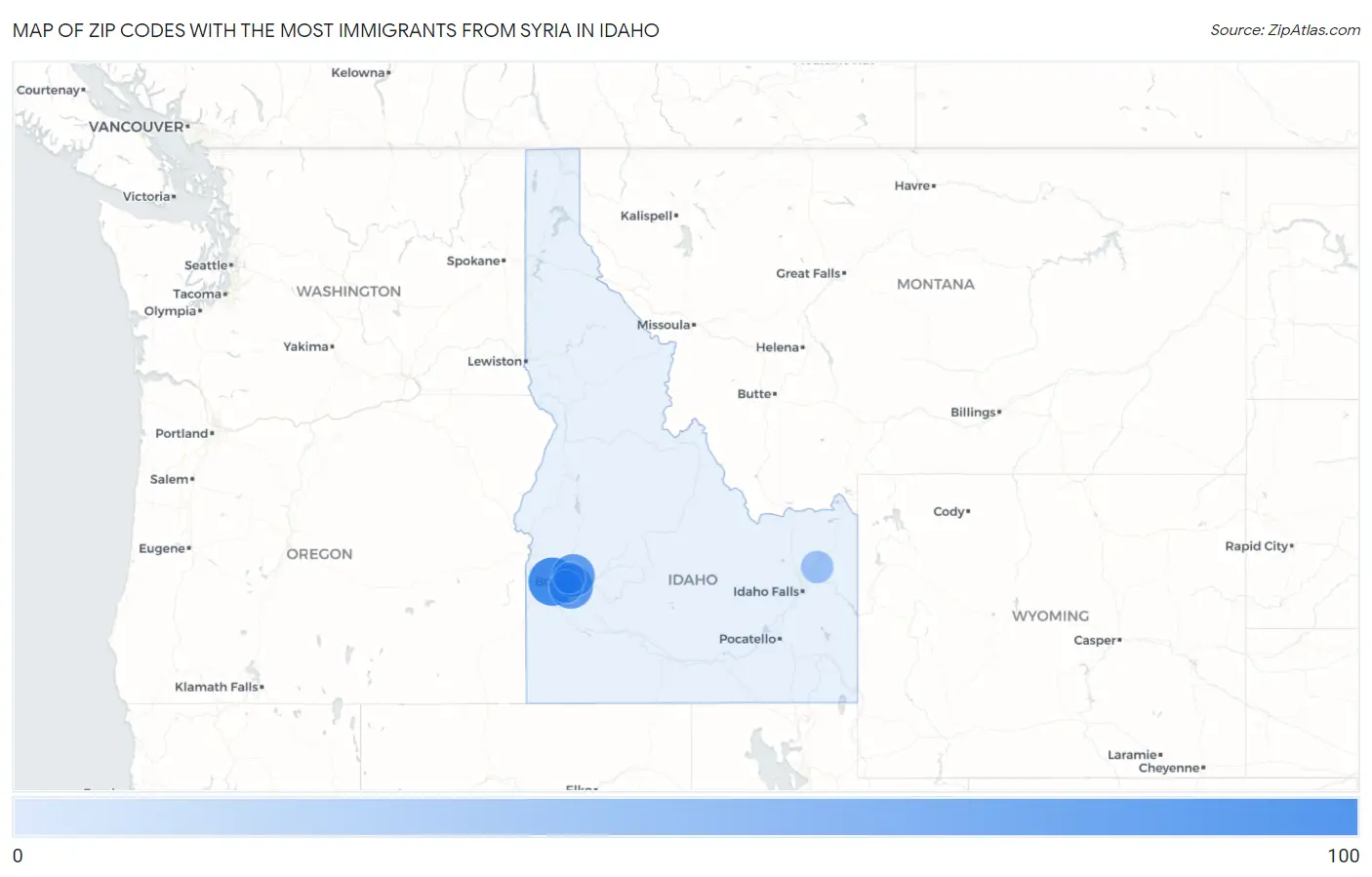 Zip Codes with the Most Immigrants from Syria in Idaho Map