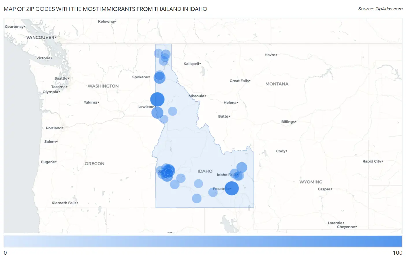Zip Codes with the Most Immigrants from Thailand in Idaho Map