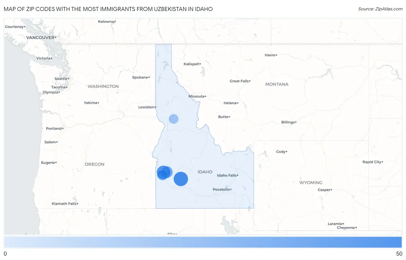 Zip Codes with the Most Immigrants from Uzbekistan in Idaho Map