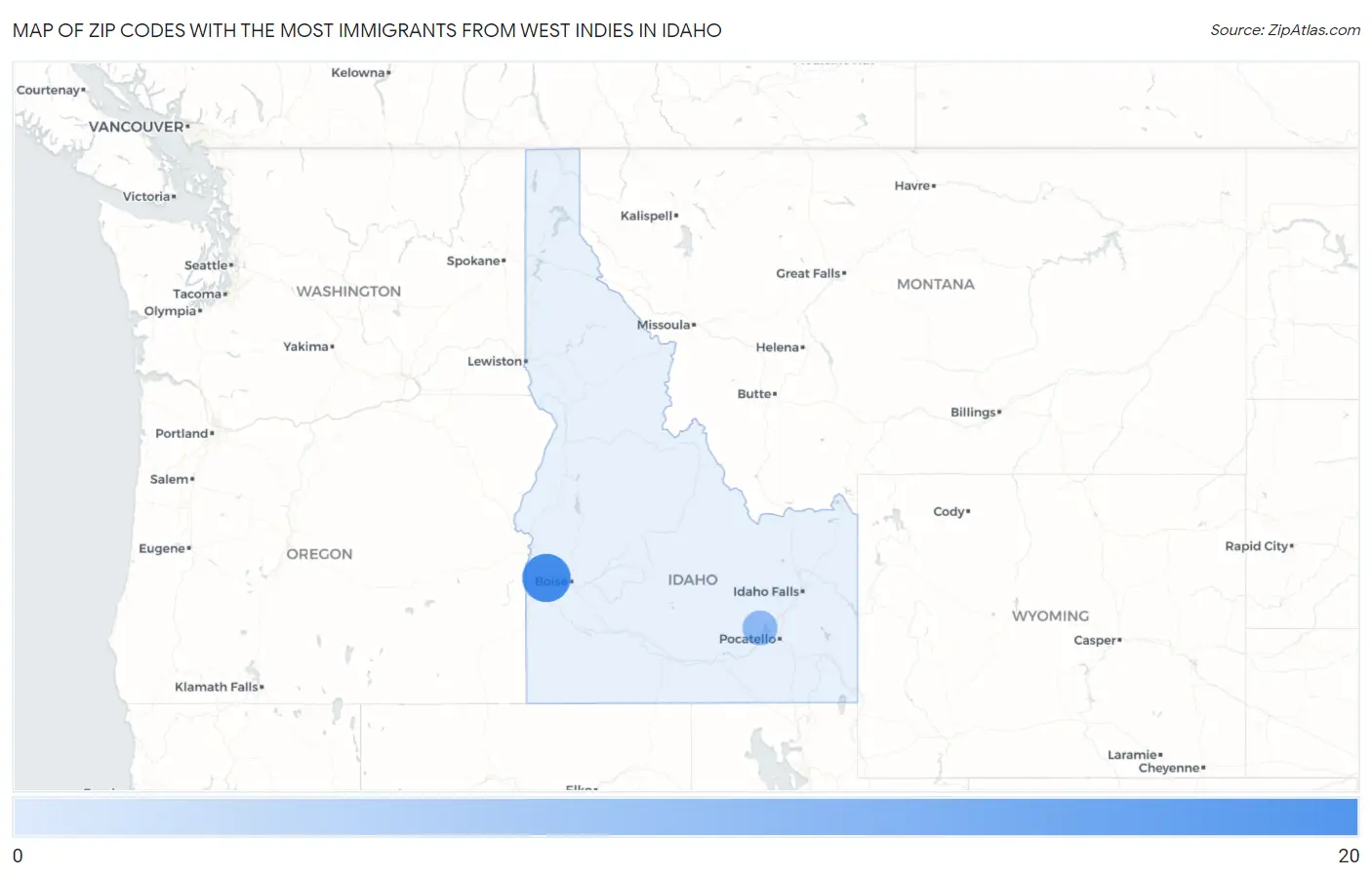 Zip Codes with the Most Immigrants from West Indies in Idaho Map