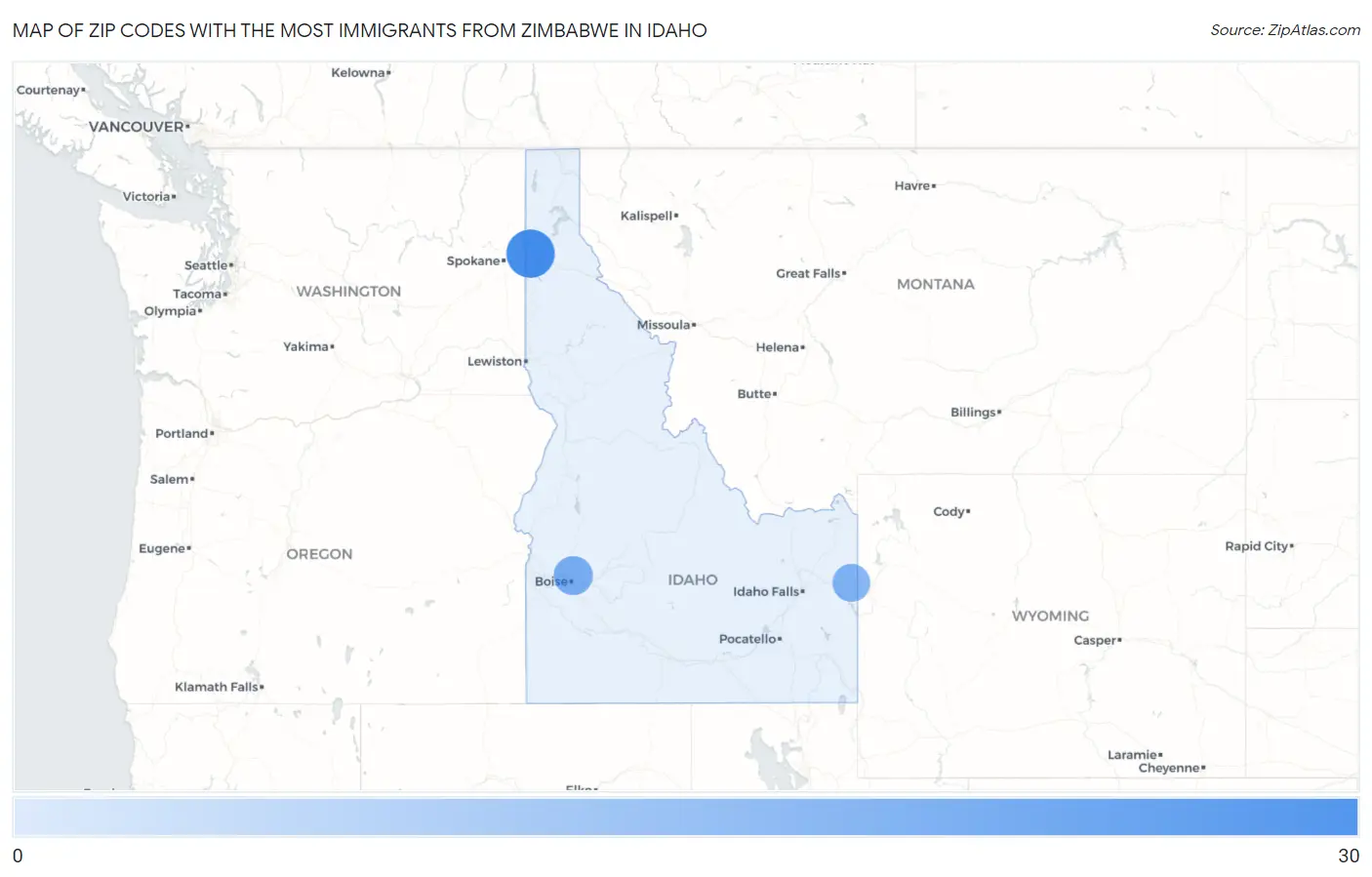 Zip Codes with the Most Immigrants from Zimbabwe in Idaho Map