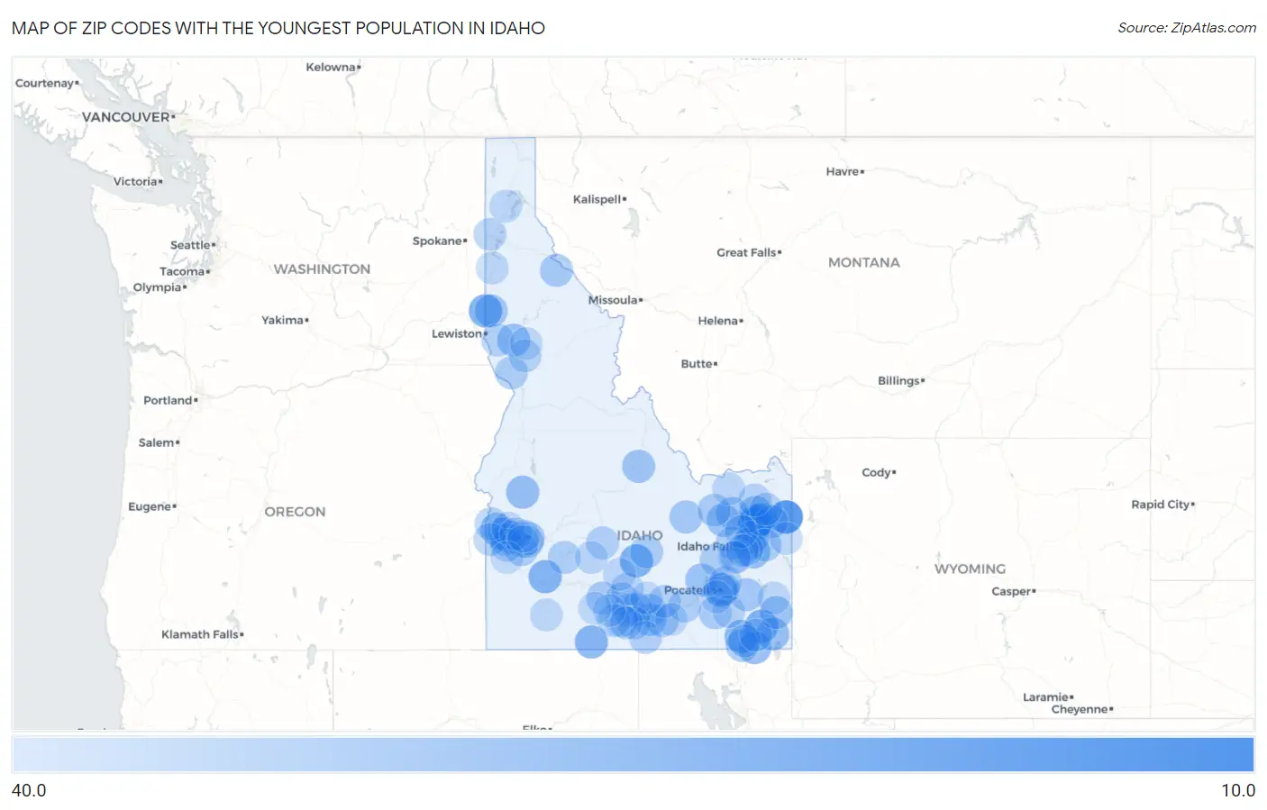 Zip Codes with the Youngest Population in Idaho Map