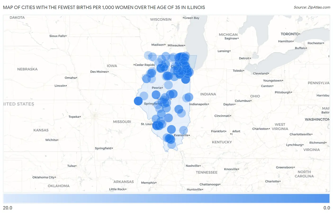 Cities with the Fewest Births per 1,000 Women Over the Age of 35 in Illinois Map