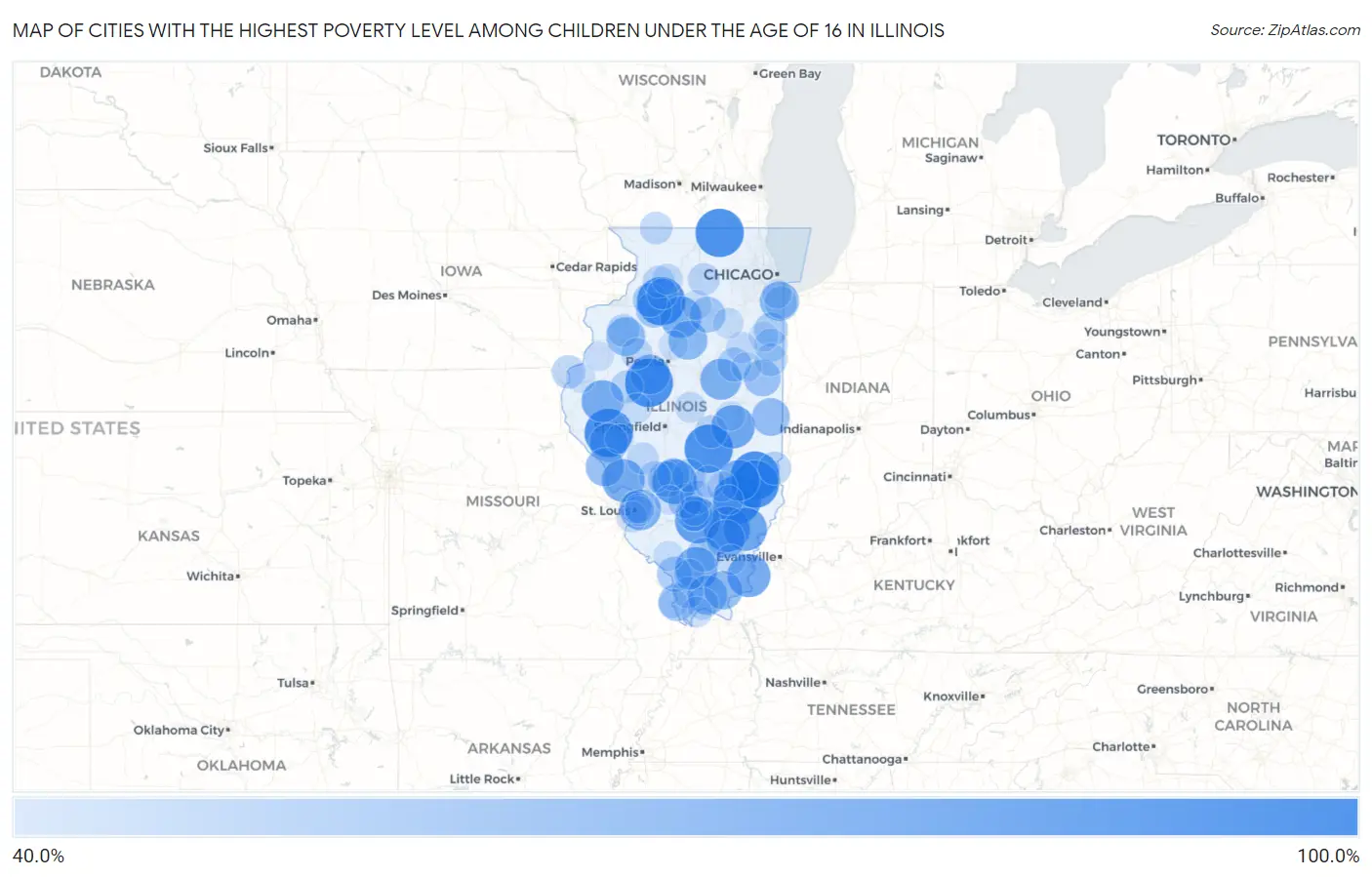 Cities with the Highest Poverty Level Among Children Under the Age of 16 in Illinois Map
