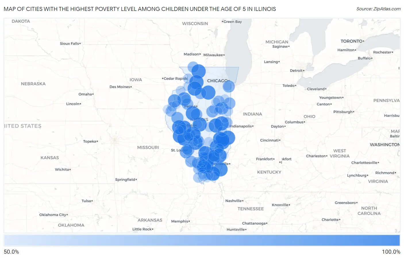 Cities with the Highest Poverty Level Among Children Under the Age of 5 in Illinois Map
