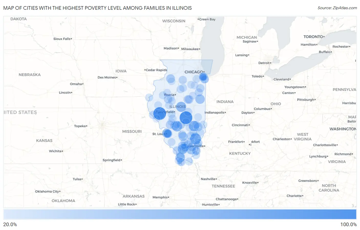 Cities with the Highest Poverty Level Among Families in Illinois Map