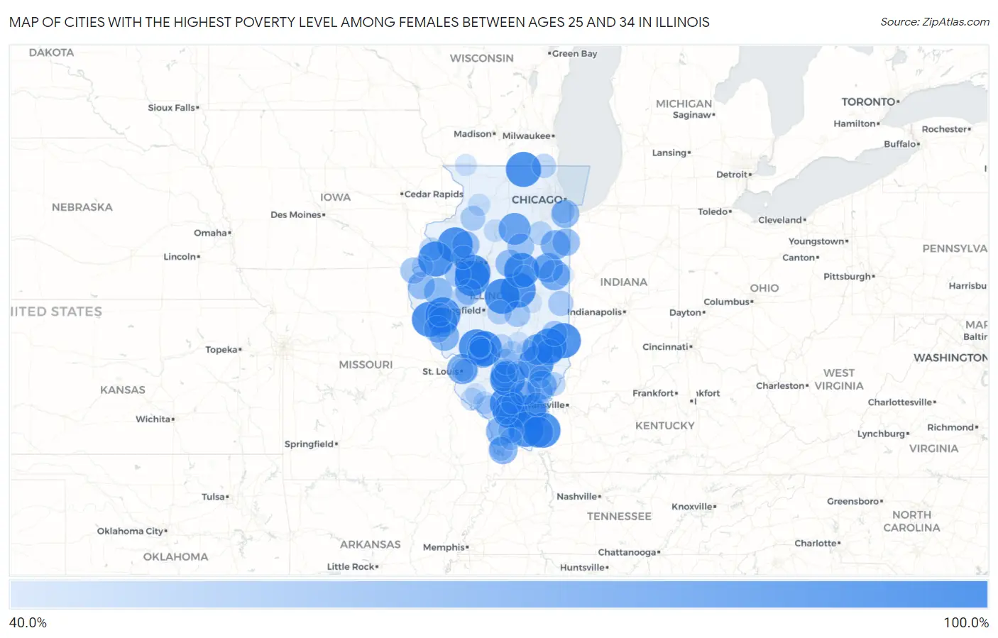 Cities with the Highest Poverty Level Among Females Between Ages 25 and 34 in Illinois Map