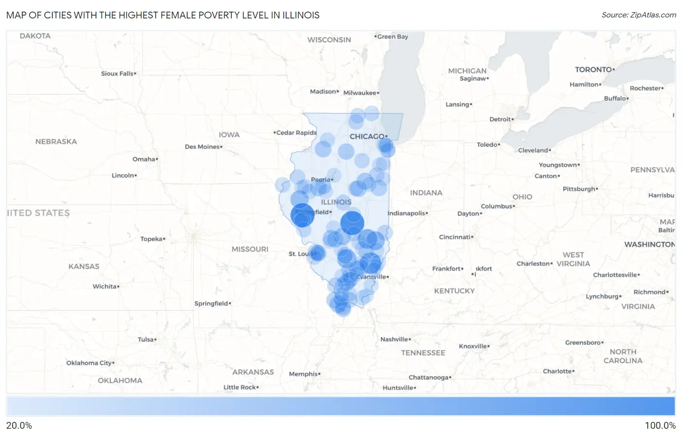 Cities with the Highest Female Poverty Level in Illinois Map