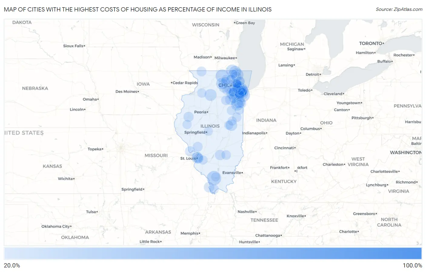 Cities with the Highest Costs of Housing as Percentage of Income in Illinois Map