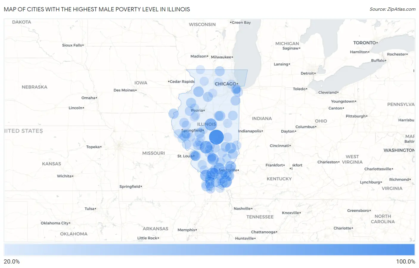 Cities with the Highest Male Poverty Level in Illinois Map