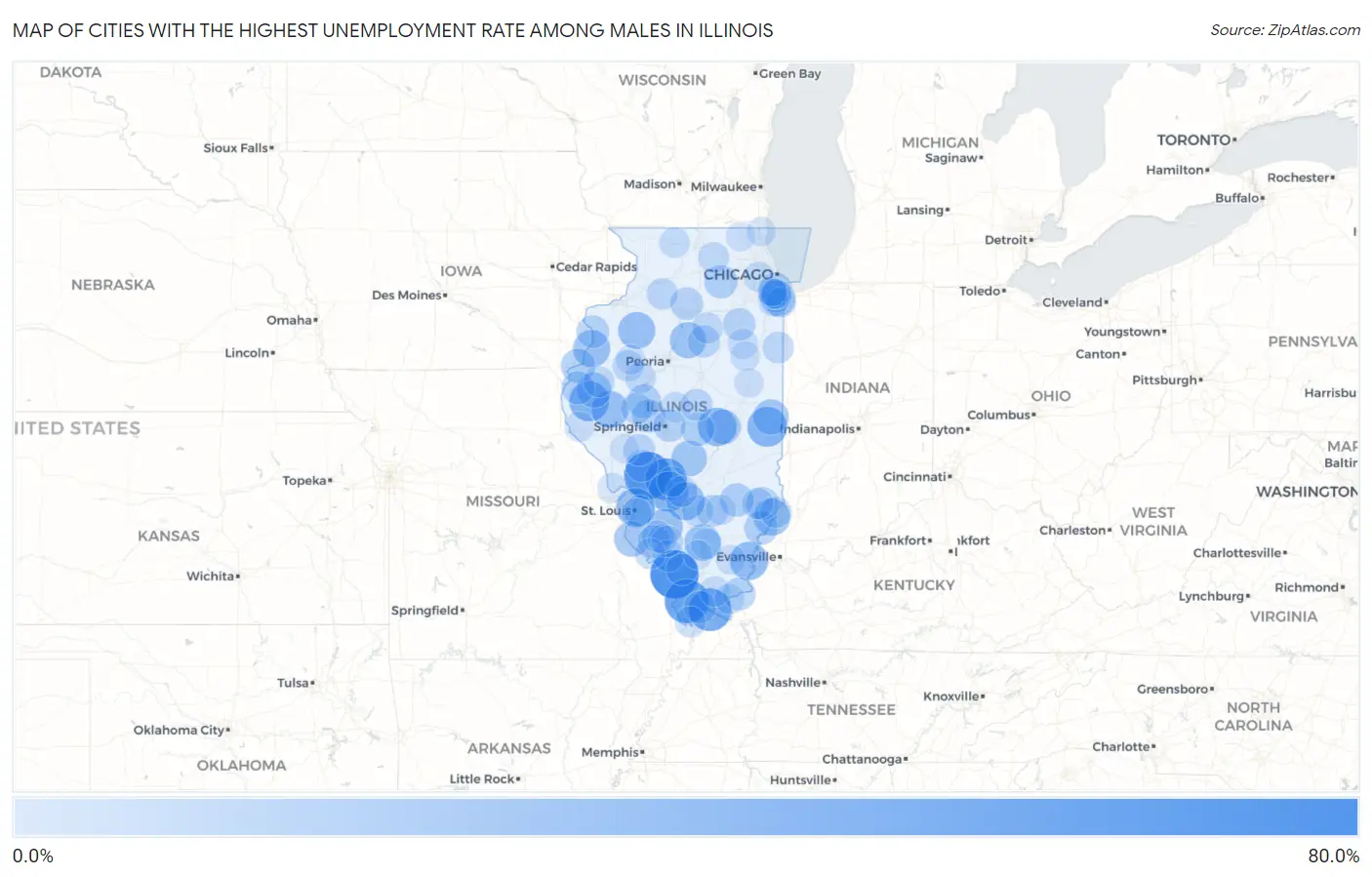 Cities with the Highest Unemployment Rate Among Males in Illinois Map