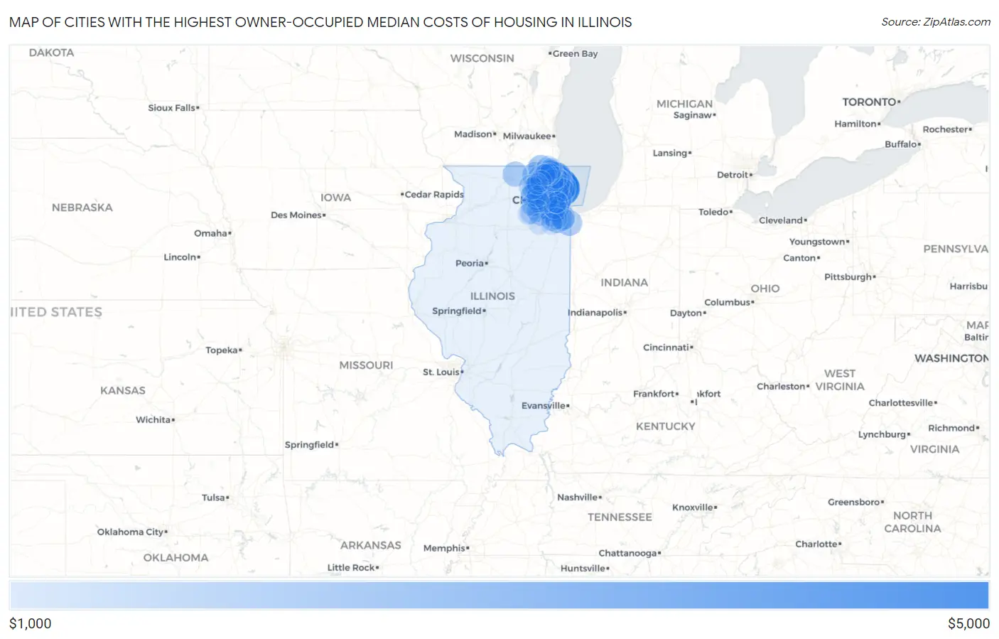 Cities with the Highest Owner-Occupied Median Costs of Housing in Illinois Map