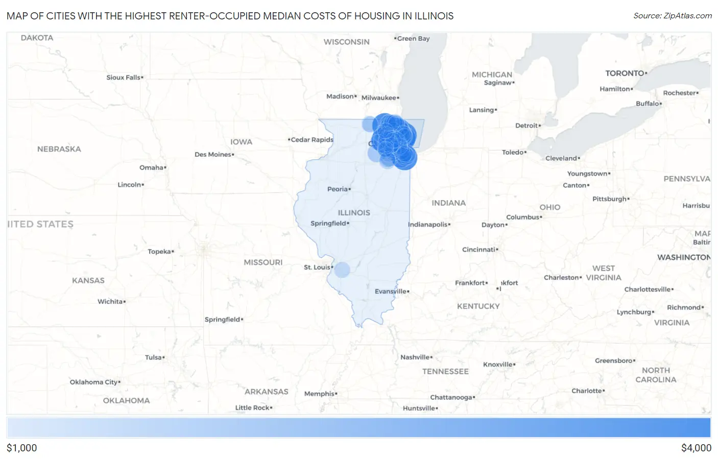 Cities with the Highest Renter-Occupied Median Costs of Housing in Illinois Map