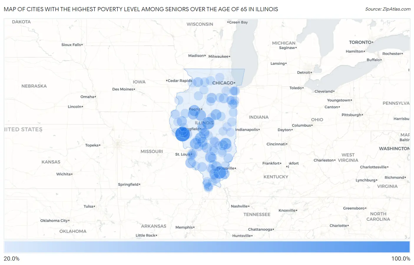 Cities with the Highest Poverty Level Among Seniors Over the Age of 65 in Illinois Map