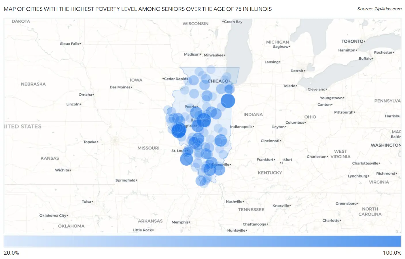Cities with the Highest Poverty Level Among Seniors Over the Age of 75 in Illinois Map
