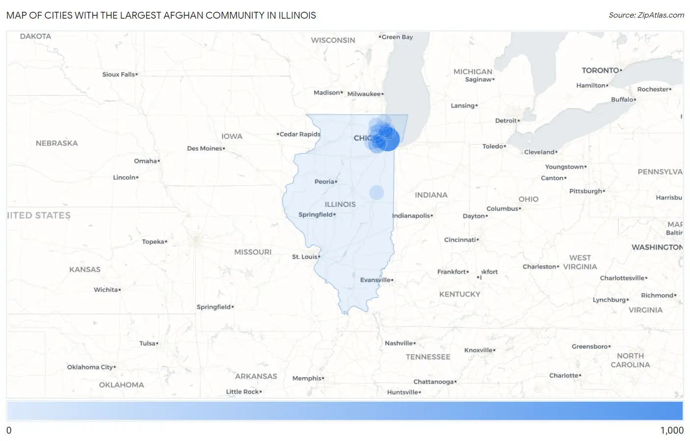 Cities with the Largest Afghan Community in Illinois Map