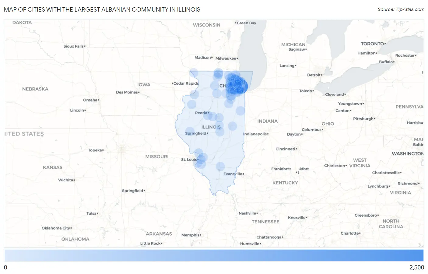 Cities with the Largest Albanian Community in Illinois Map
