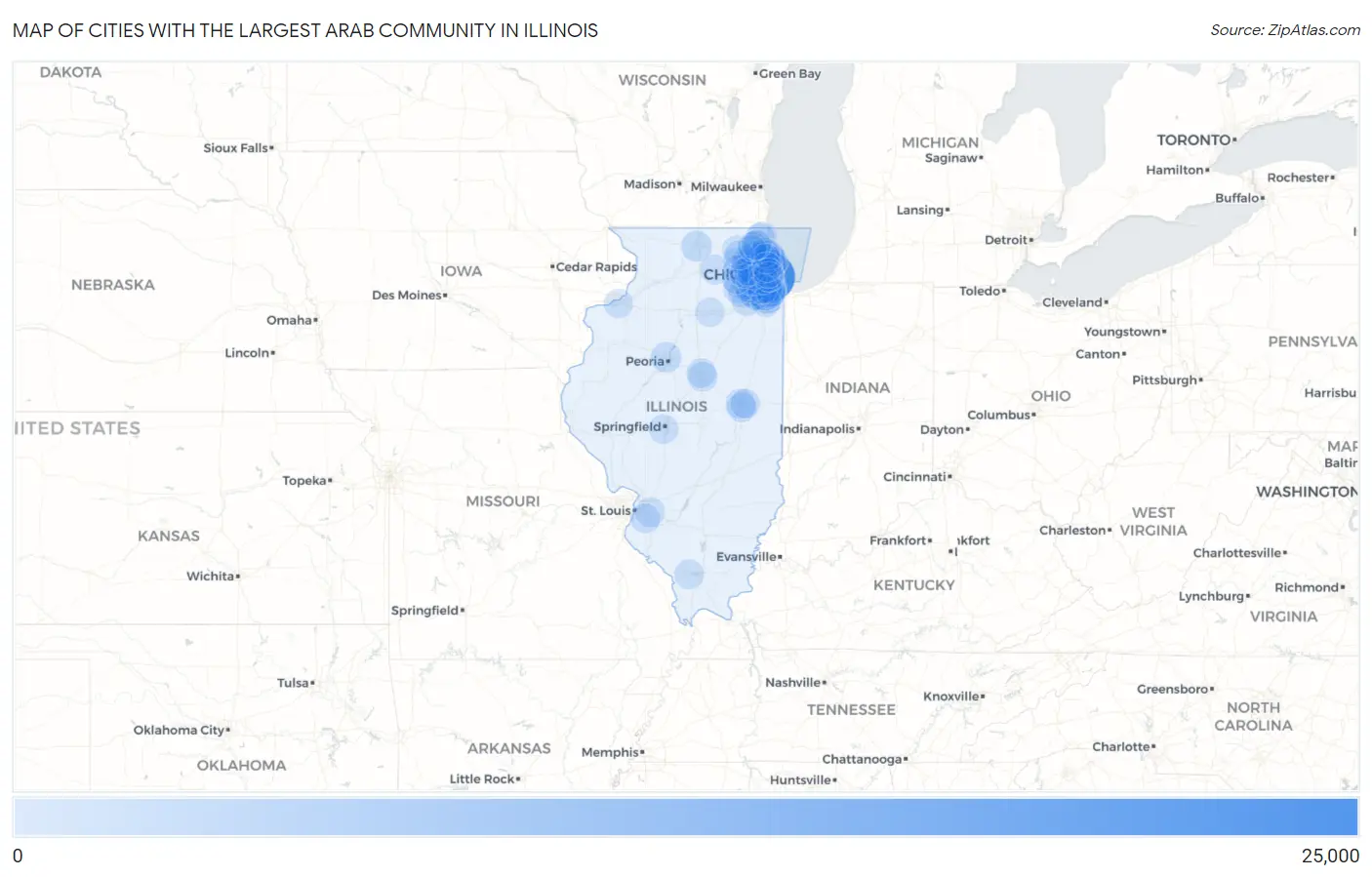Cities with the Largest Arab Community in Illinois Map