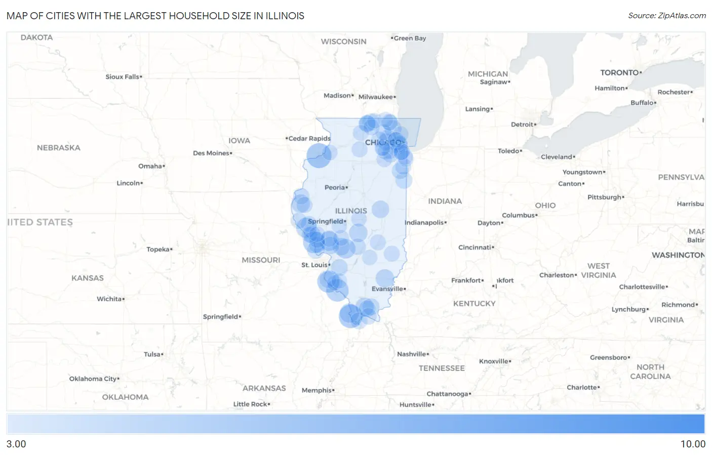 Cities with the Largest Household Size in Illinois Map