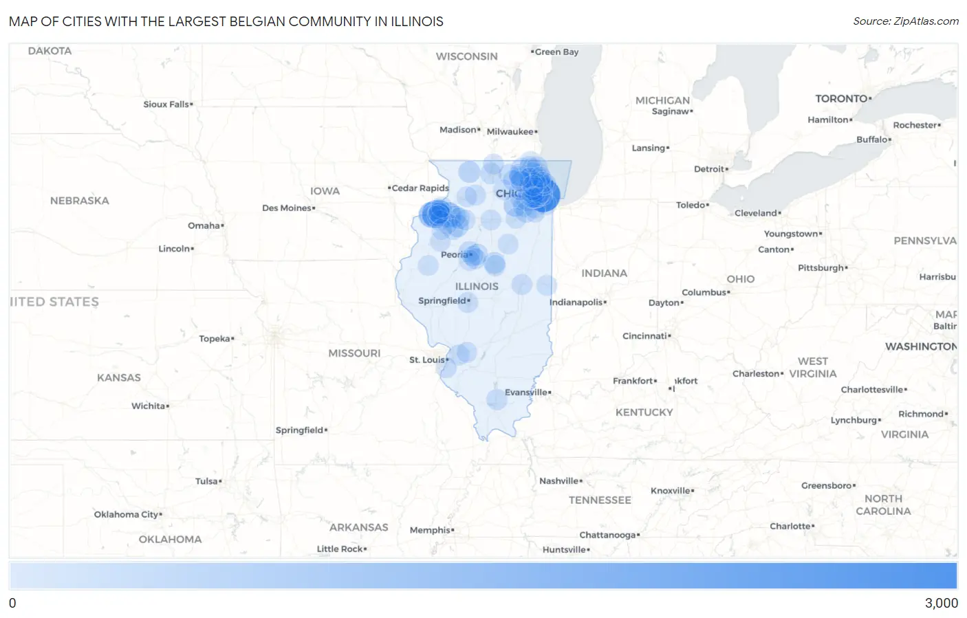 Cities with the Largest Belgian Community in Illinois Map
