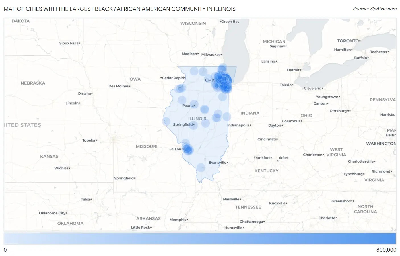Cities with the Largest Black / African American Community in Illinois Map