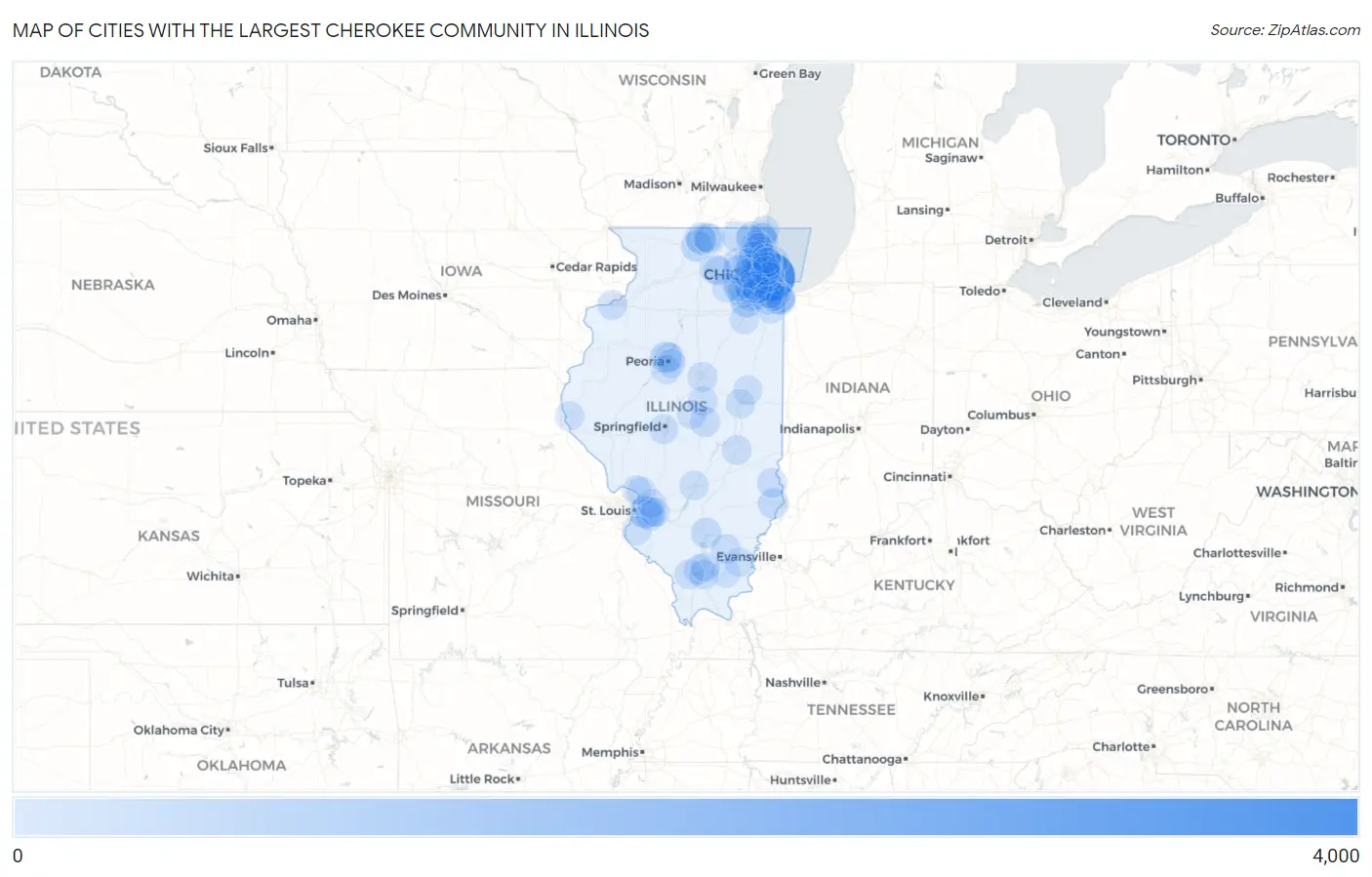 Cities with the Largest Cherokee Community in Illinois Map