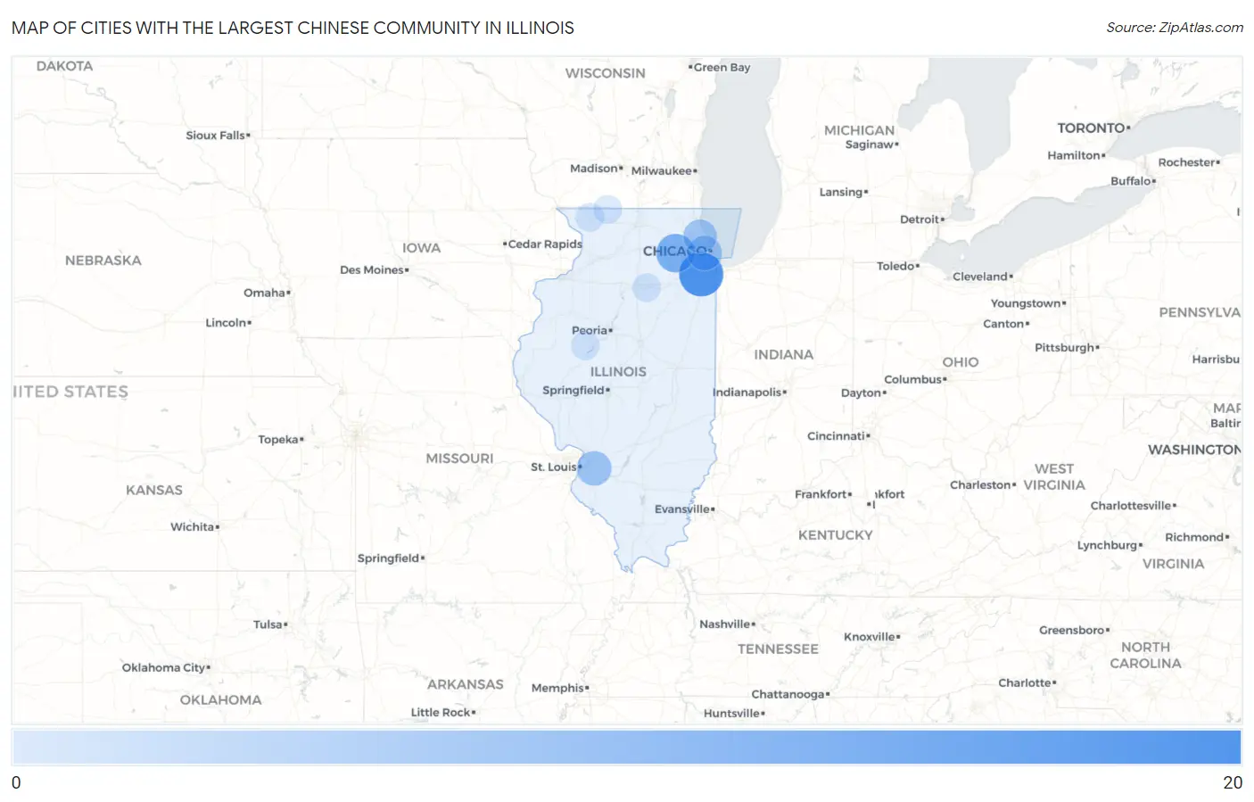 Cities with the Largest Chinese Community in Illinois Map