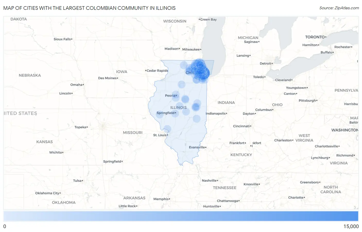 Cities with the Largest Colombian Community in Illinois Map
