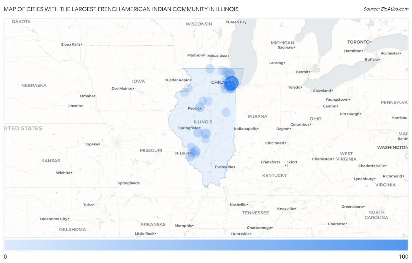 Cities with the Largest French American Indian Community in Illinois Map