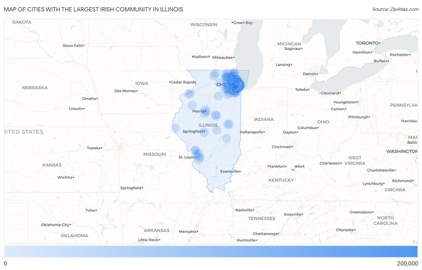 Cities with the Largest Irish Community in Illinois Map