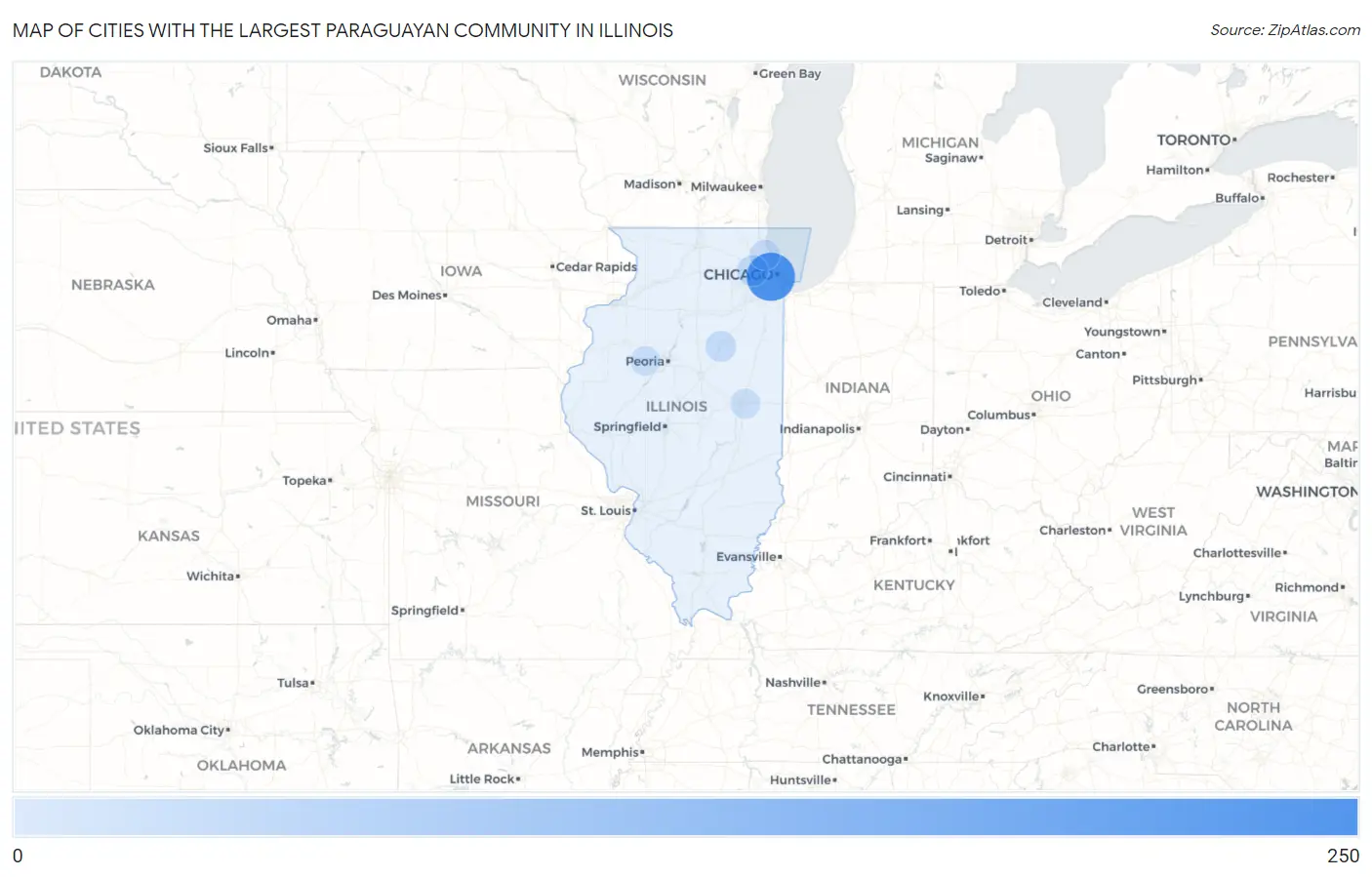 Cities with the Largest Paraguayan Community in Illinois Map