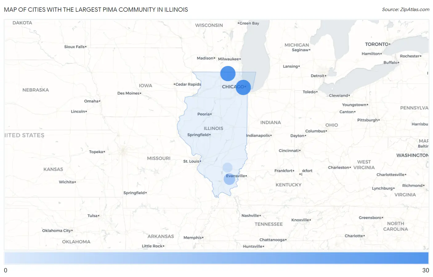 Cities with the Largest Pima Community in Illinois Map