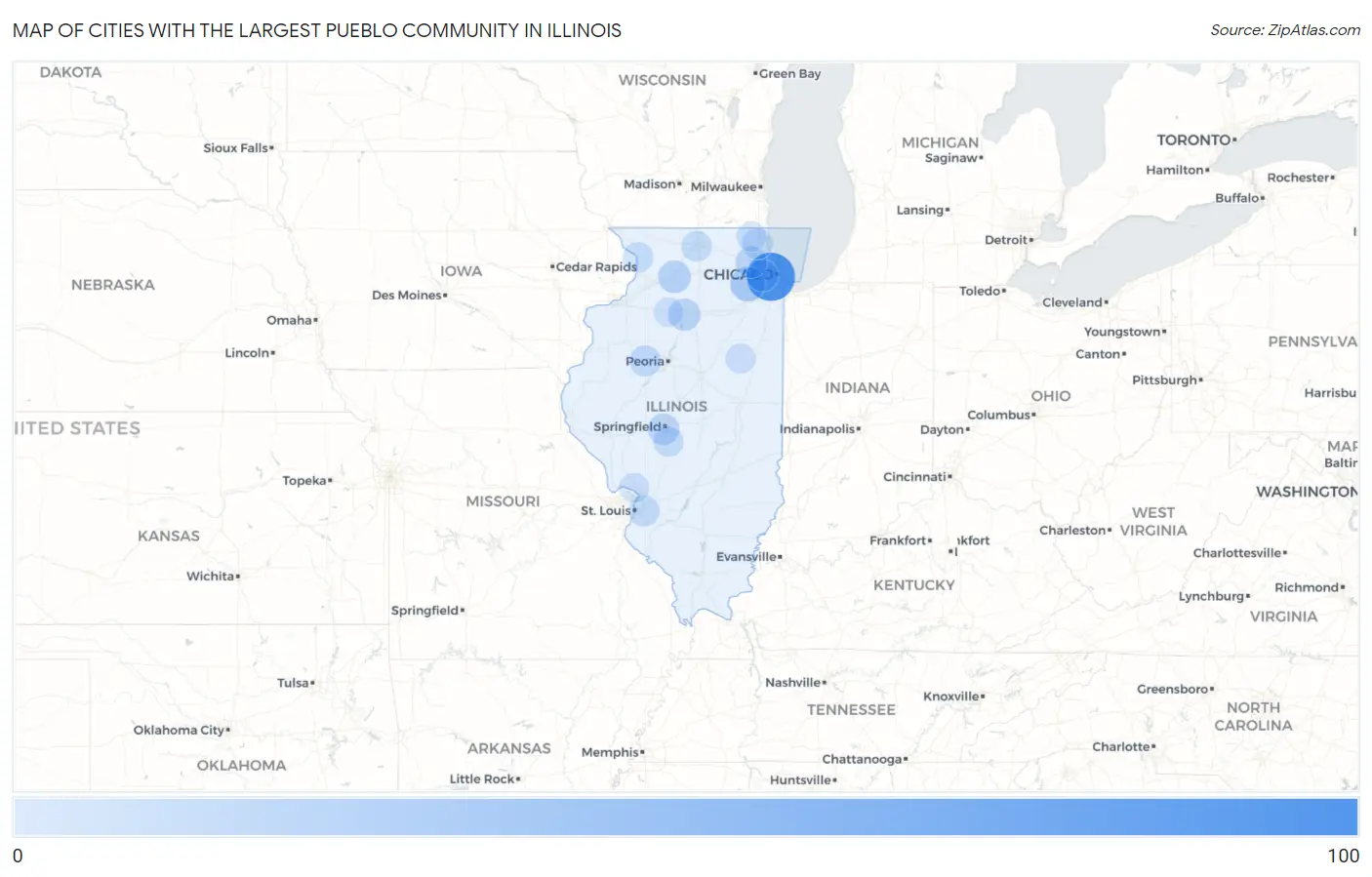 Cities with the Largest Pueblo Community in Illinois Map
