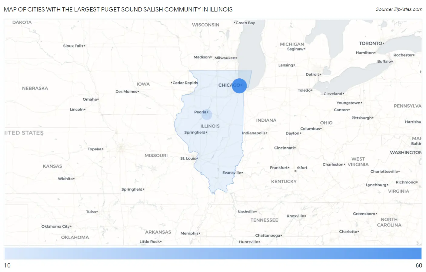 Cities with the Largest Puget Sound Salish Community in Illinois Map