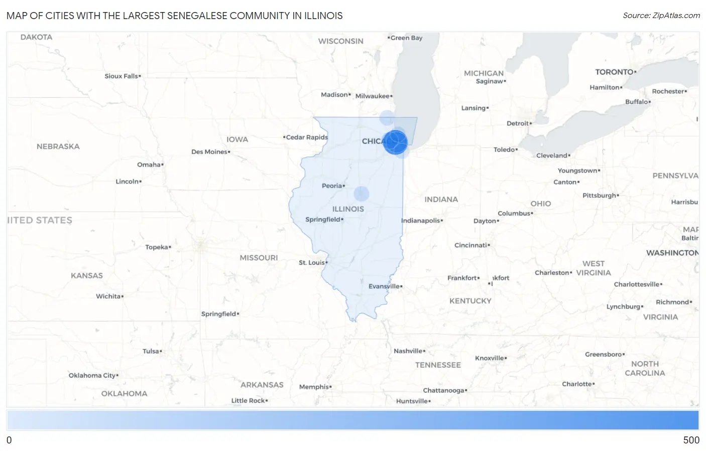 Cities with the Largest Senegalese Community in Illinois Map