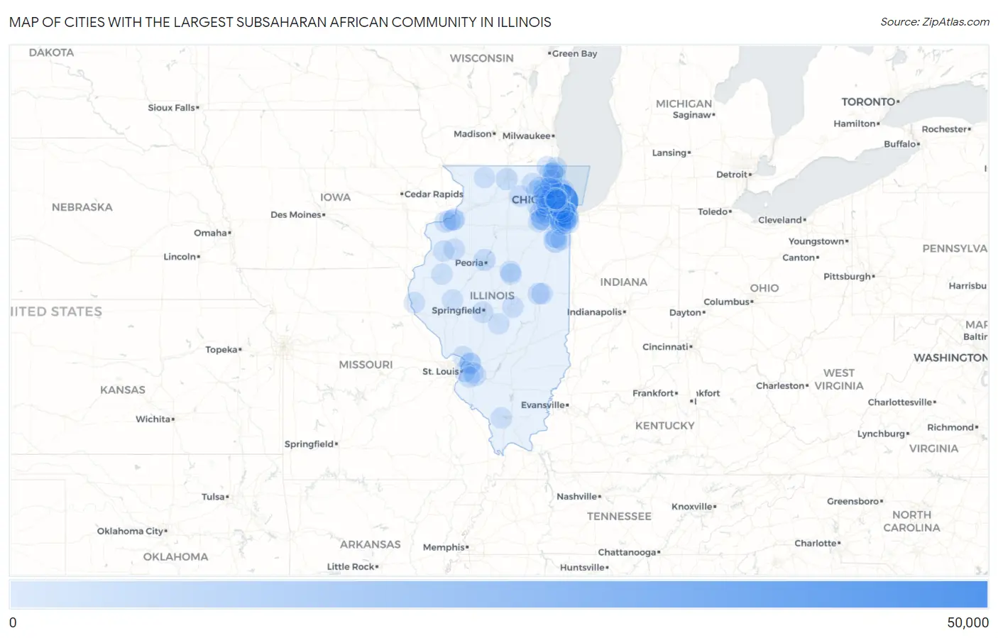 Cities with the Largest Subsaharan African Community in Illinois Map
