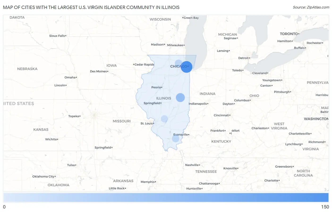 Cities with the Largest U.S. Virgin Islander Community in Illinois Map