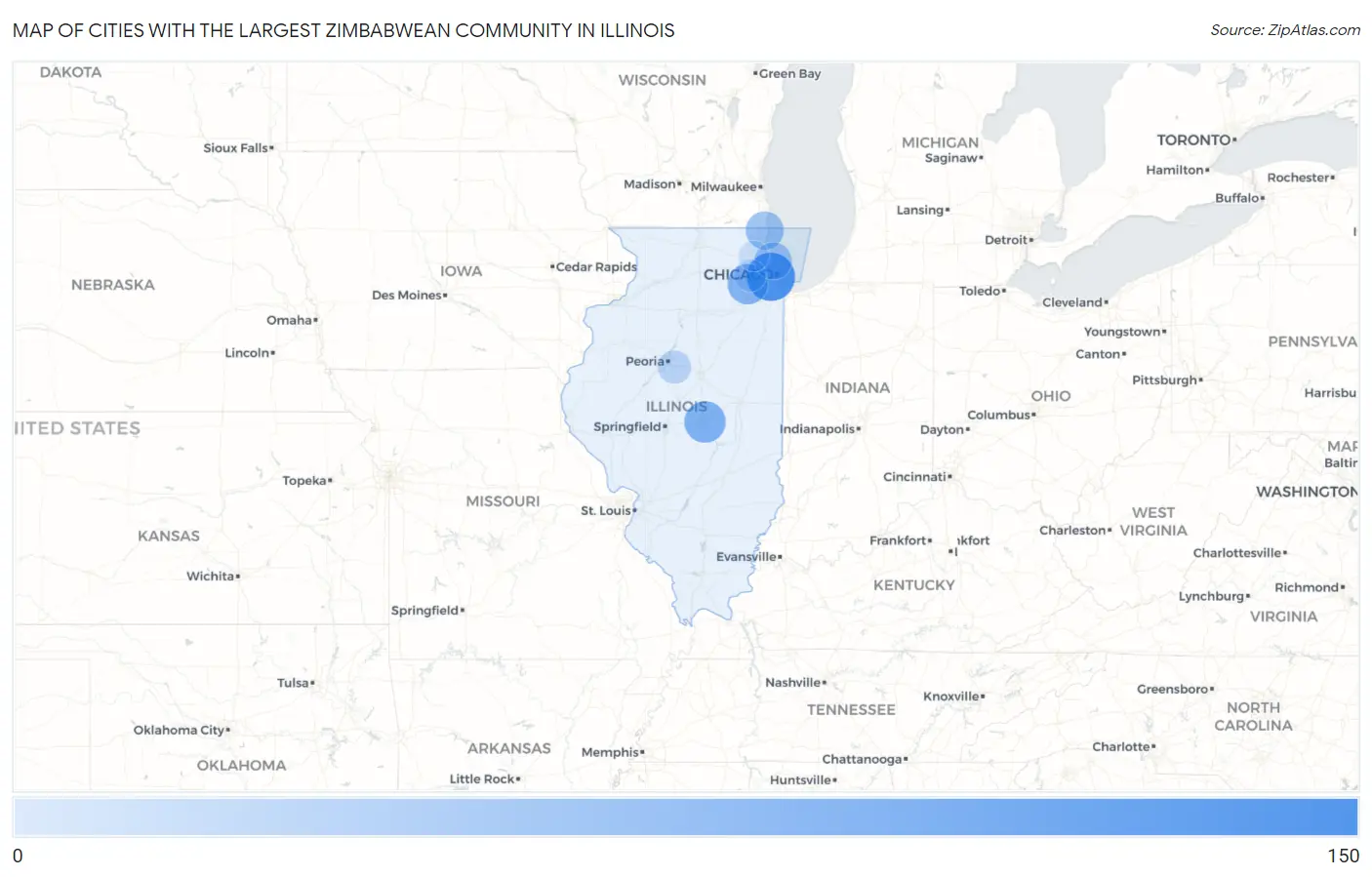 Cities with the Largest Zimbabwean Community in Illinois Map