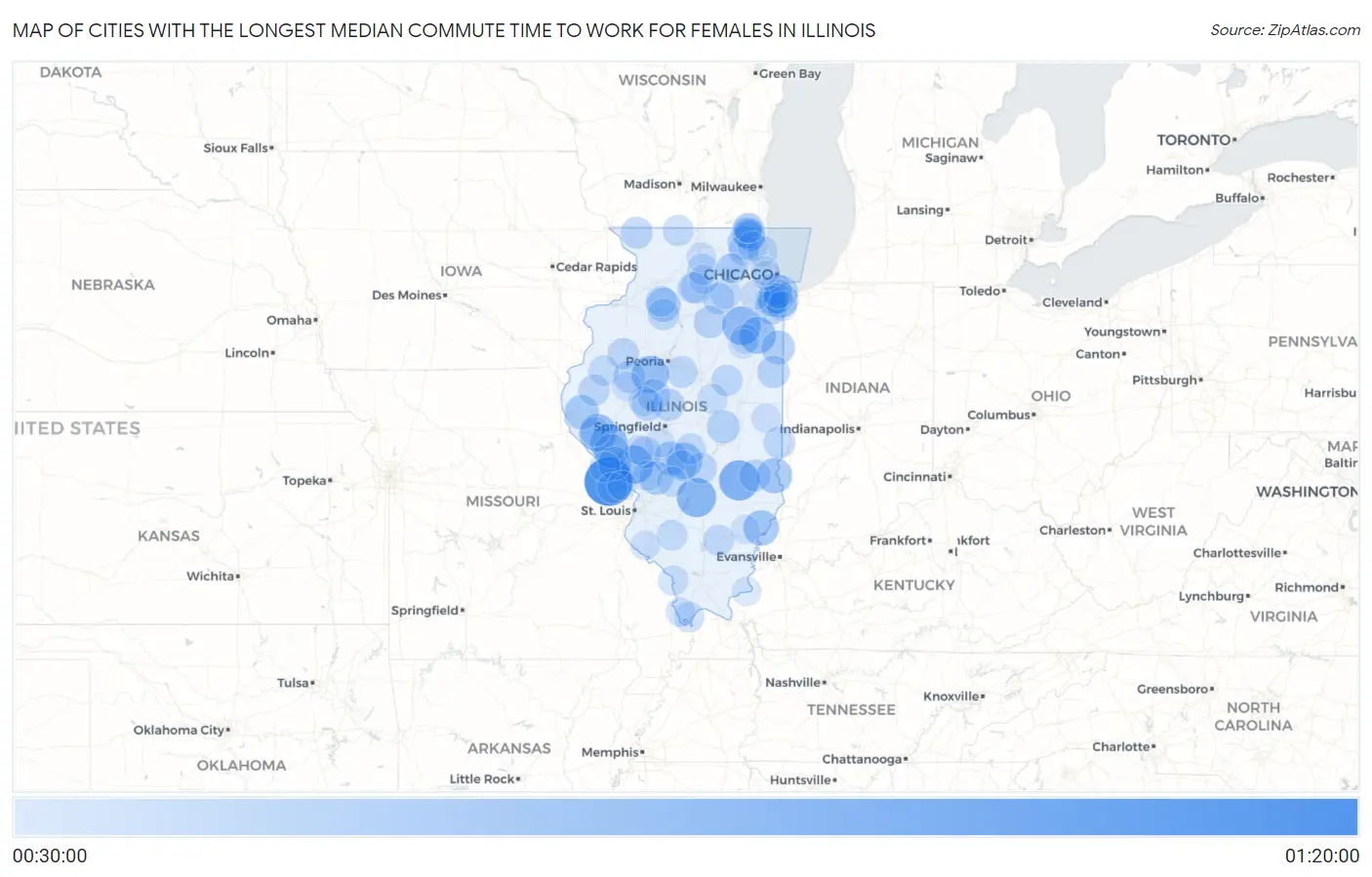 Cities with the Longest Median Commute Time to Work for Females in Illinois Map